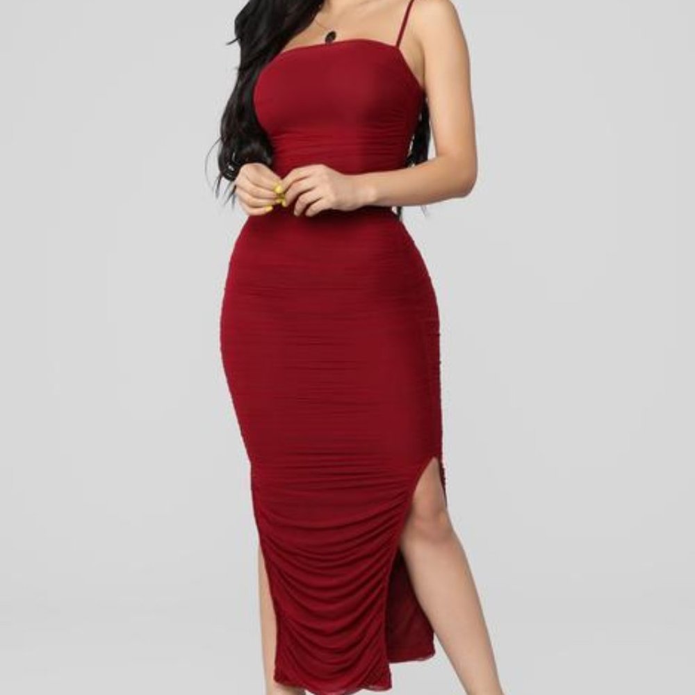 Ruched Midi Dress - Burgundy